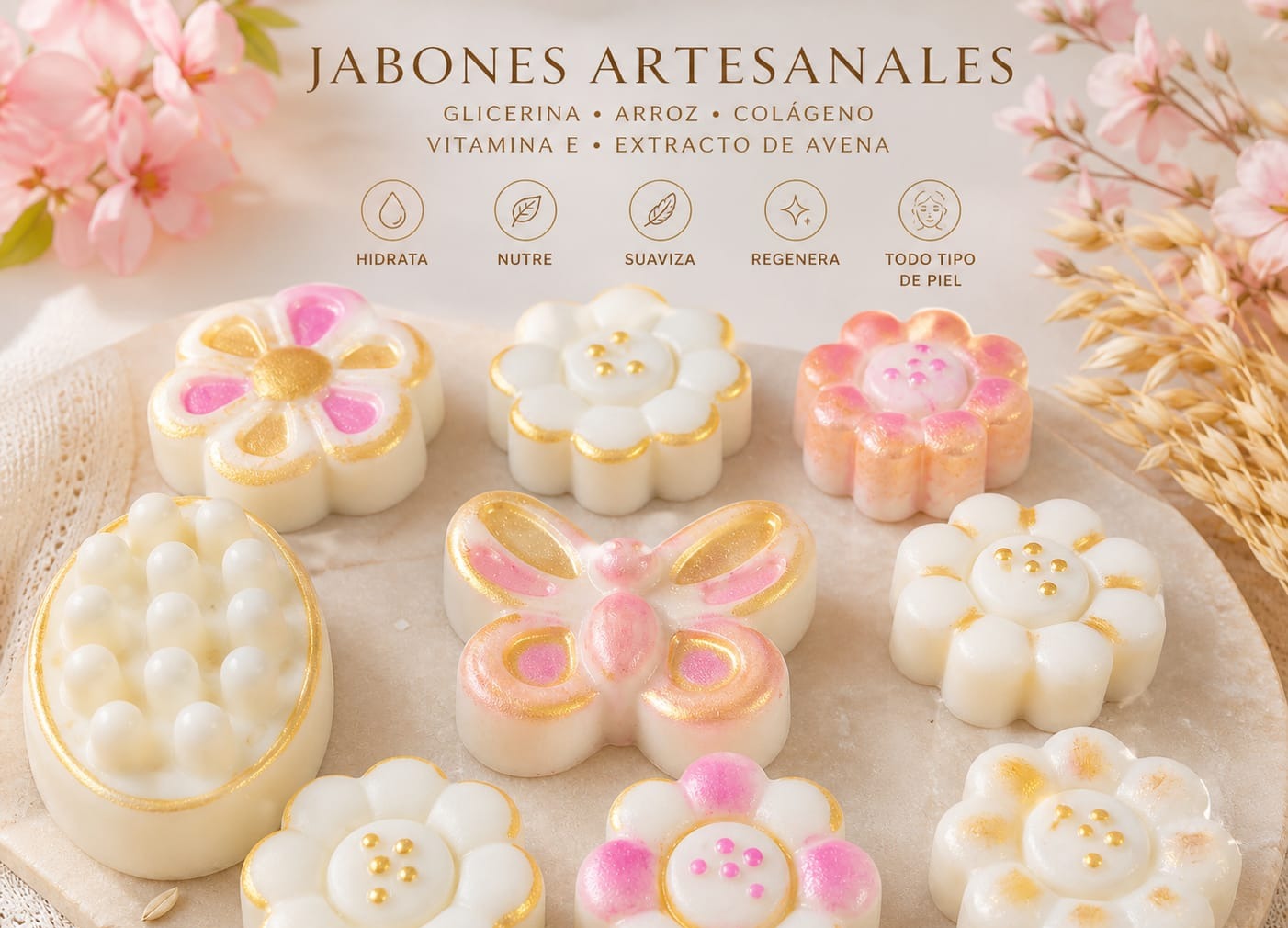 Jabones artesanales con detalles dorados, edición para regalo