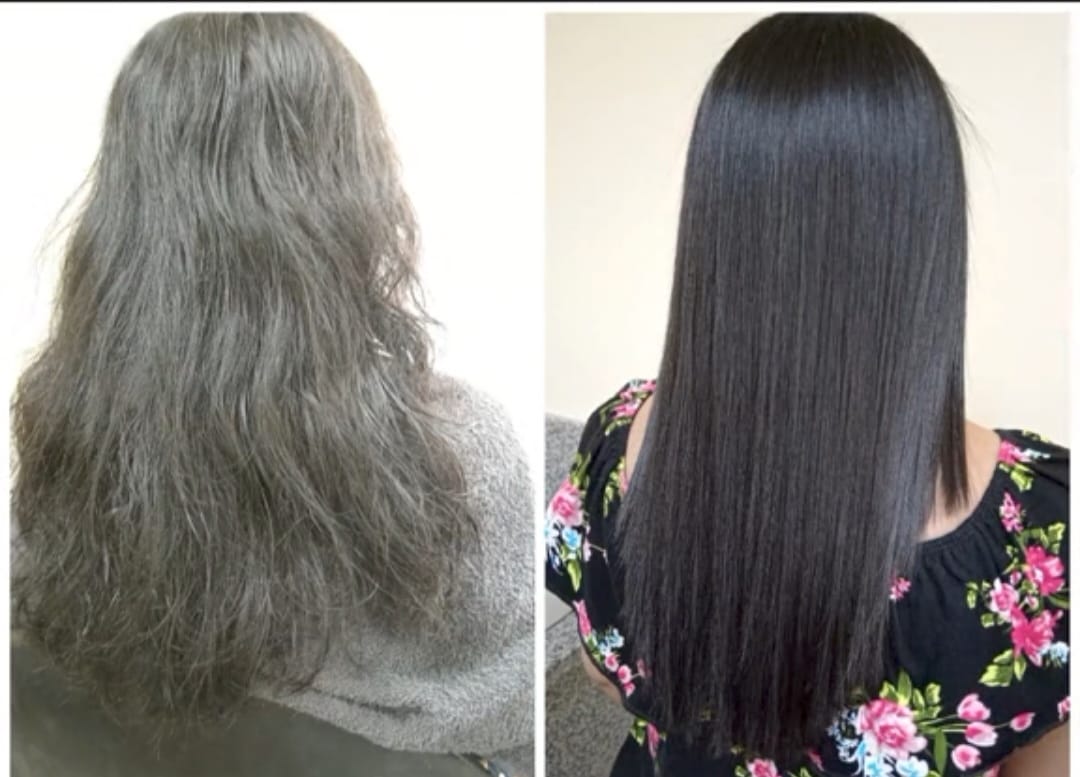 Antes y después de un tratamiento capilar: cabello reparado, liso y con brillo